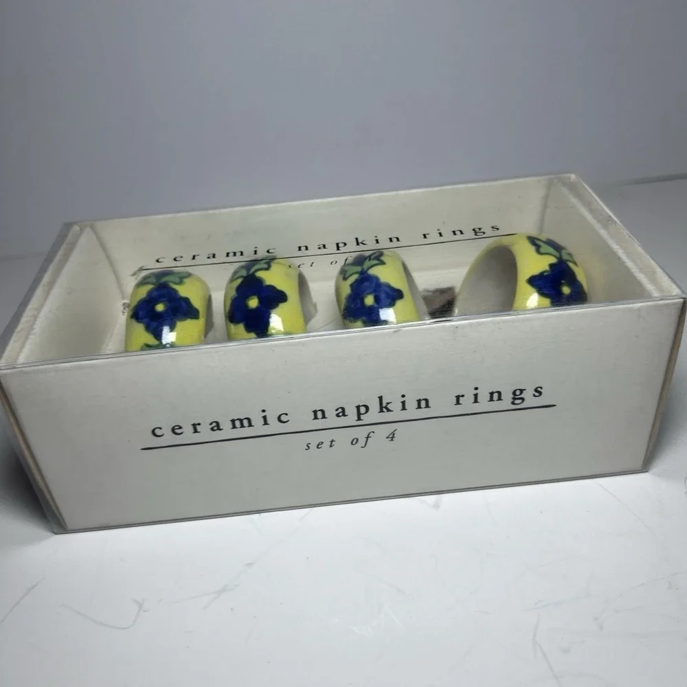 New Pier 1 Imports 4 Ceramic Napkin Rings Blue Yellow Flowers India Mexican Art